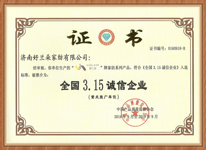 全国3.15诚信企业证书
